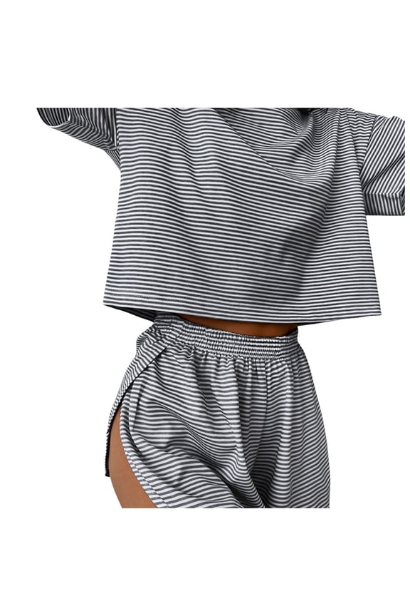 Womens Pajama Sets Sexy Lounge Sets Side Split Striped Short Pj Sets Cute Pjs 2 Piece Comfy Sleepwear Loungewear Nightwear Set Black XXL