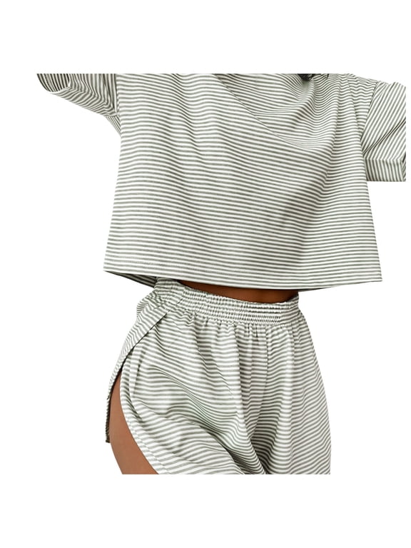 Womens Pajama Sets Sexy Lounge Sets Side Split Striped Short Pj Sets Cute Pjs 2 Piece Comfy Sleepwear Loungewear Nightwear Set Gray S