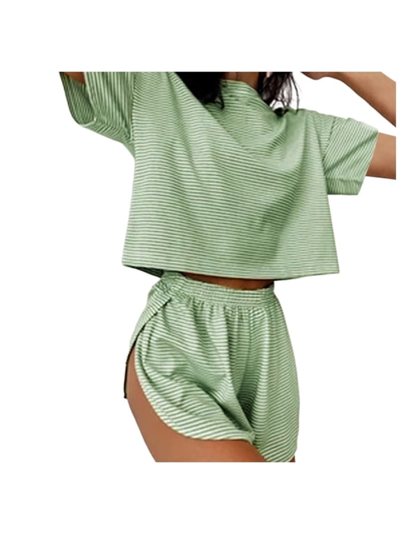 Womens Pajama Sets Sexy Lounge Sets Side Split Striped Short Pj Sets Cute Pjs 2 Piece Comfy Sleepwear Loungewear Nightwear Set Green XXL