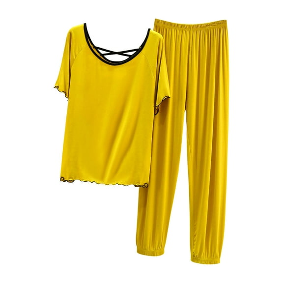 Womens Pajama Sets Short Sleeve Crew Neck Top High Waist Joggers Pants Sleepwear Loungewear 2 Piece Pajamas Pants Set