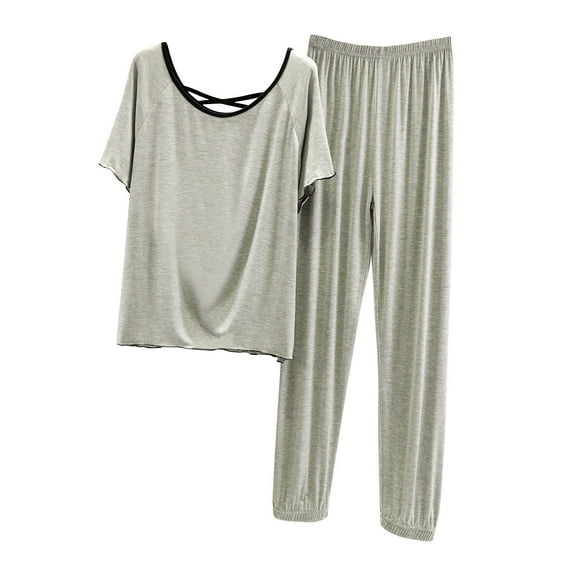 Womens Pajama Sets Short Sleeve Crew Neck Top High Waist Joggers Pants Sleepwear Loungewear 2 Piece Pajamas Pants Set