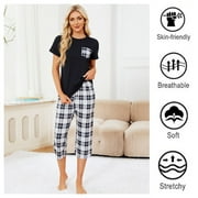 DEJI Womens Pajama Sets Short Sleeve Top and Capri Pajama Set 2 Piece Women's Capri Pajama Sets with Pockets Plaid Print Women's Summer Sleepwear Sets, S-XXL