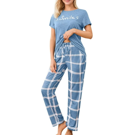 Womens Pajama Sets Short Sleeve Tops with Long Pants Sleepwear Lounge Set with Pocket