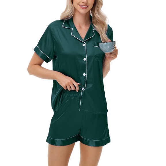 Womens Pajama Sets Short Sleeve V-Neck Blouses Tops, Green