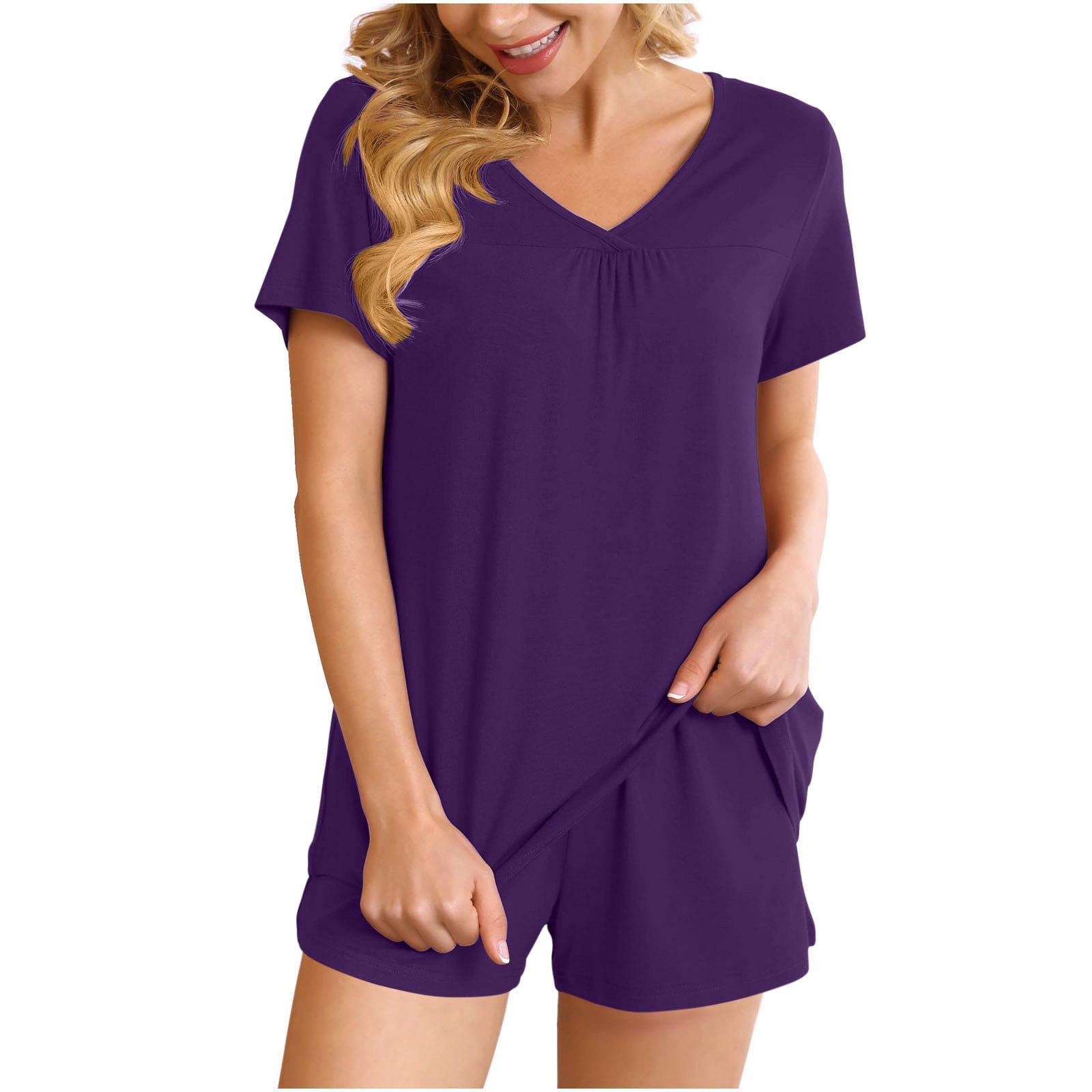 BEKOFO Women's 2-Piece Pajama Set - Short Sleeve T-Shirt & Capri Pants, Ruffle Sleeves, Soft Loungewear (95% Polyester, 5% Spandex)