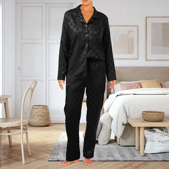Womens Pajama Sets Silk Satin Button Solid Color Print Long Sleeve Top And Pant Pj Set Soft Loungewear Two Piece Holiday Sleepwear Sets Black L