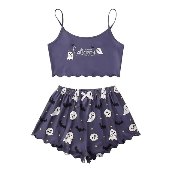Womens Pajama Sets Skeleton Print Lettuce Trim Short Sleeve 2pc Outfit Halloween Pajamas for Women Set Purple XL