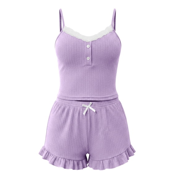 Womens Pajama Sets Slim Sexy Lace Spaghetti Strap Crop Top 2 Piece Pajama Set Summer Pajamas for women Set Purple L