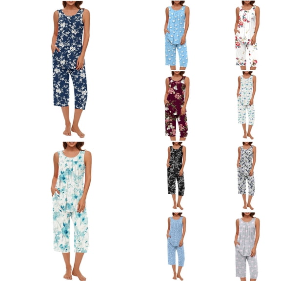 Womens Pajama Sets Soft Sleeveless Tank Top and Capri Pants with Pocket S Sets Beige Women's Sleepwear L