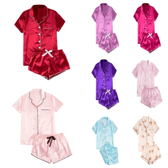 Womens Pajama Sets Solid Silk Satin Homewear Short Sleeve Button Up Top with Shorts Hot Pink Women's Sleepwear L