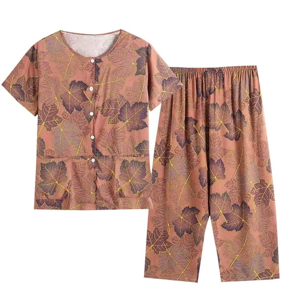 Womens Pajama Sets Summer Round Neck Cotton Linen Top with Capri Pants Floral Pattern Sleepwear for Women 2024 Pjs Suits