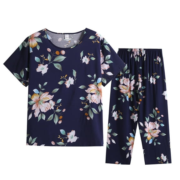 Womens Pajama Sets Summer Round Neck Cotton Linen Top with Capri Pants Floral Pattern Sleepwear for Women 2024 Pjs Suits