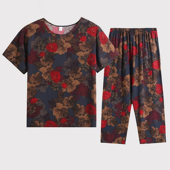 Womens Pajama Sets Summer Round Neck Cotton Linen Top with Capri Pants Floral Pattern Sleepwear for Women 2024 Pjs Suits