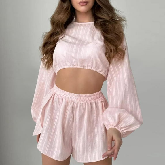 Womens Pajama Sets Summer Solid Color Comfortable Pajamas Set Casual Crew Neck Long Sleeve Sleepwear with Shorts Summer Pajamas
