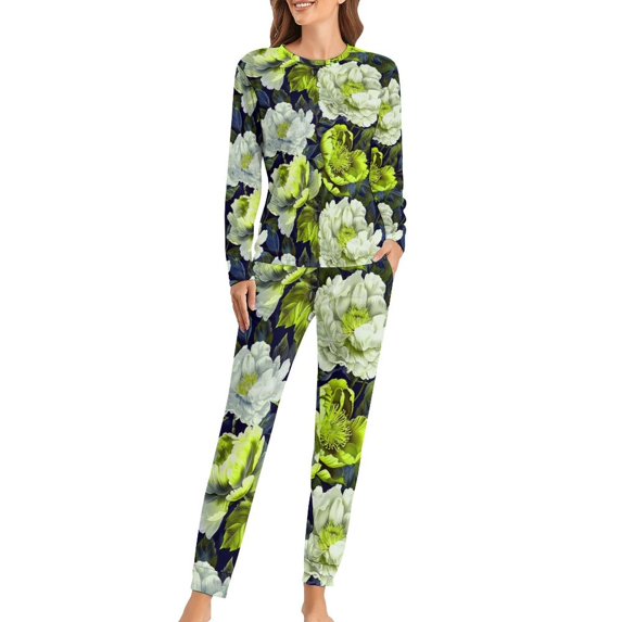 Womens Pajama Sets, Teal Floral Elegance 2 Piece Pjs Sets Long Sleeve Top and Pajama Pants with Pockets, Comfy Soft Ladies Sleepwear Lounge Sets for Women