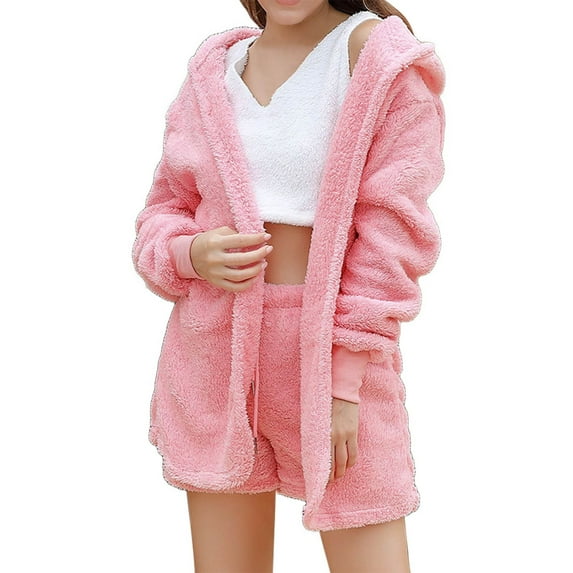 Womens Pajama Sets Three Piece Vest Shorts Jacket Plush Loungewear for Women,Pink,L
