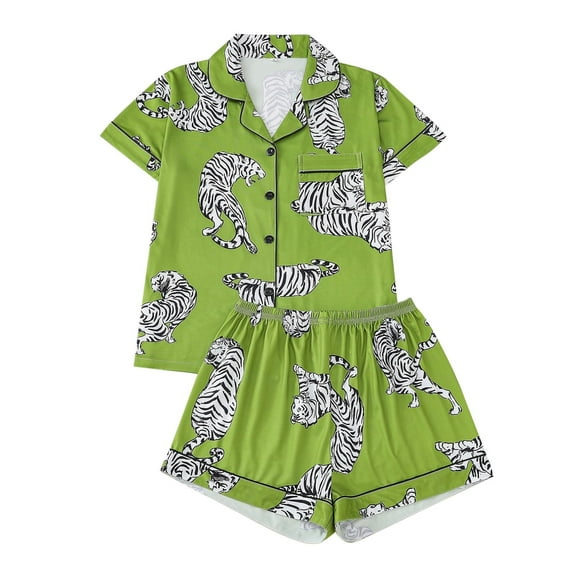 Womens Pajama Sets Tiger Print Short Sleeve Shorts With Collar Cardigan Sleepwear Loungewear Nightwear Nightclothes Homewear