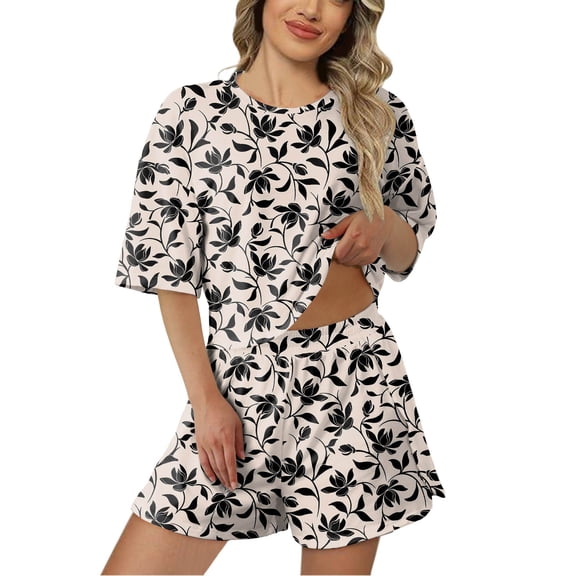 Womens Pajama Sets Trendy Short Sleeve Shorts Printed Fall Fashion,Beige,L