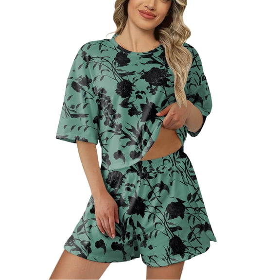 Womens Pajama Sets Trendy Short Sleeve Shorts Printed Fall Outfits Clothes,Dark Green,XL