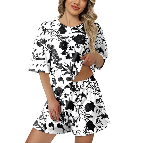 Womens Pajama Sets Trendy Short Sleeve Shorts Printed Fall Outfits Clothes,White,S