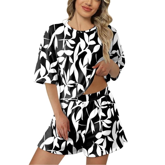 Womens Pajama Sets Trendy Short Sleeve Shorts Printed Women Pjs,Black,L