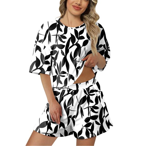 Womens Pajama Sets Trendy Short Sleeve Shorts Printed Women Pjs,White,XL