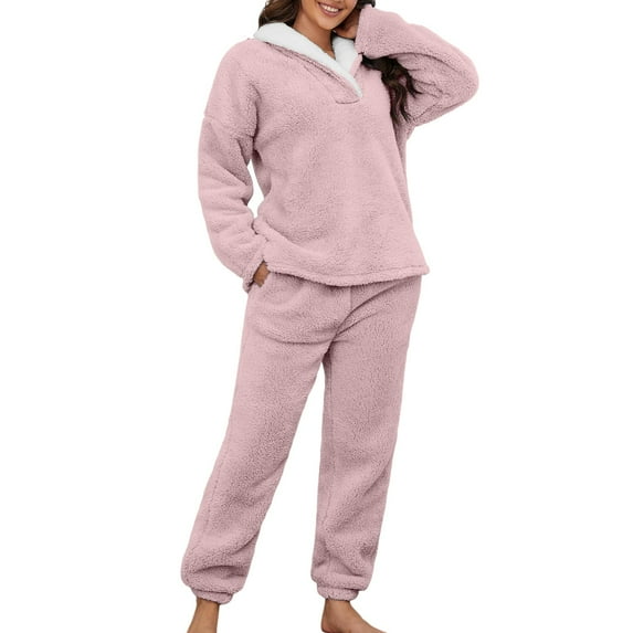 Womens Pajama Sets – Two Piece Lounge Sets for Women Ready for Home Rest or Brunch with Friends Women Fluzzy Pajamas Warm Pullover Lapel Sleepwear Sets