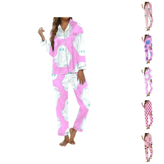 Womens Pajama Sets – Two Piece Pajamas for Women Set with Cropped Tops Perfect for Brunch or Home Office Wear Women's Halloween Print Long Robe & Pants Set Homewear For Festivities