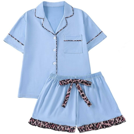 Womens Pajama Sets Valentine Comfortable Breathable Pjs Sets Button Down Short Sleeve Shorts 2 Piece Sleepwear Blue XL