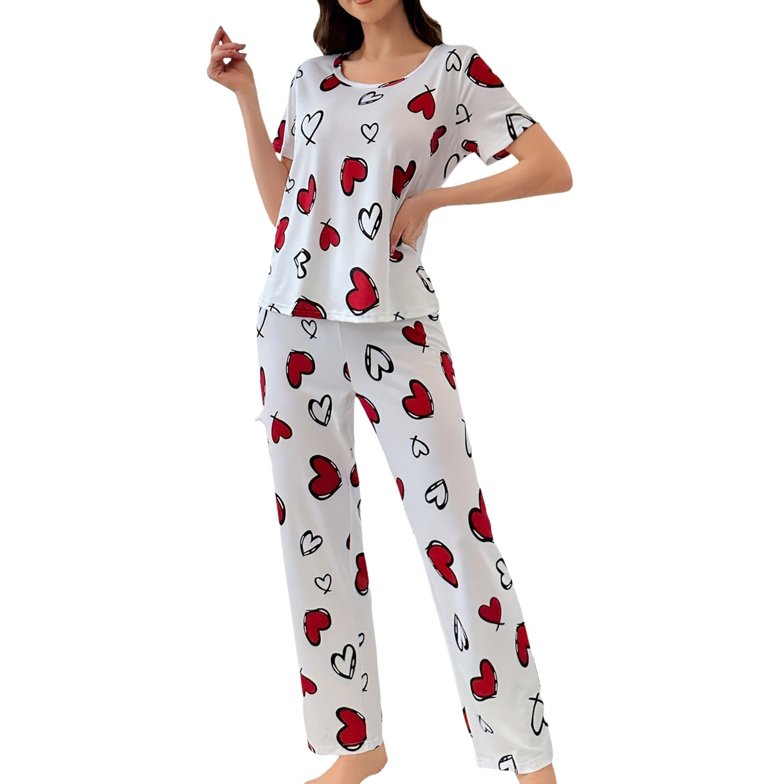 CALAFEBILA Pajamas Woman Button Down Pajamas For Women Valentine Day Loungewear Notch Collar Heart Print Tops With Pocket And Pants
