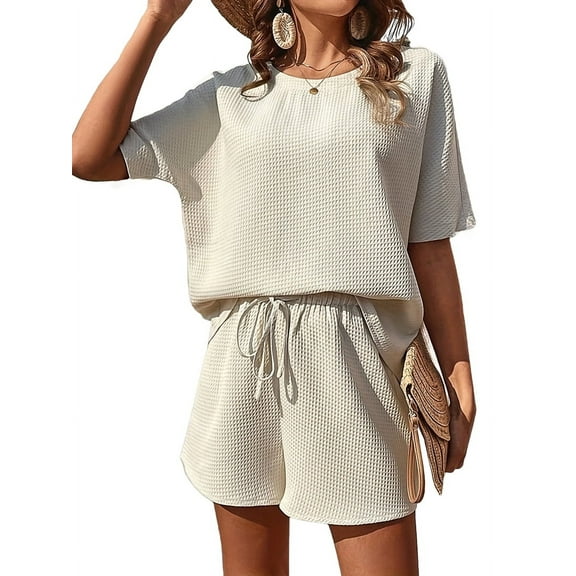 Womens Pajama Sets Waffle Knit Lounge Set 2 Piece Outfits Loungewear Sweatsuit with Pockets Bee White L