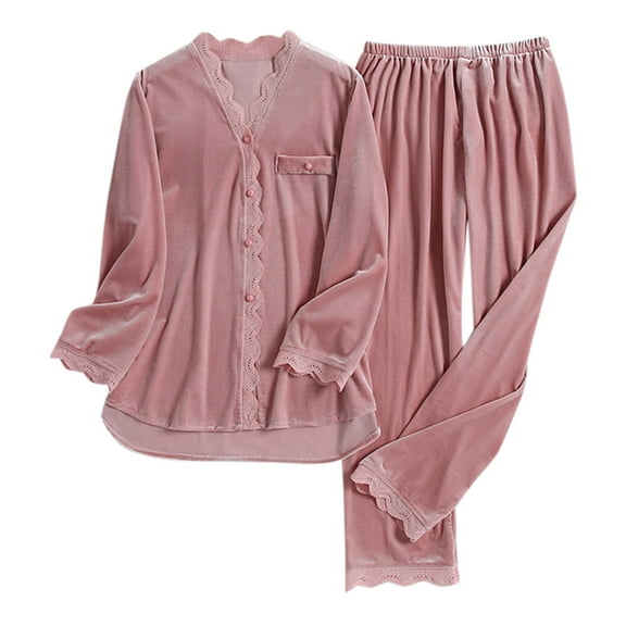 Womens Pajama Sets Winter Warm Outfits Gold Velvet Long Sleeve Shirt Trousers Pjs Sets Sleepwear Pink M