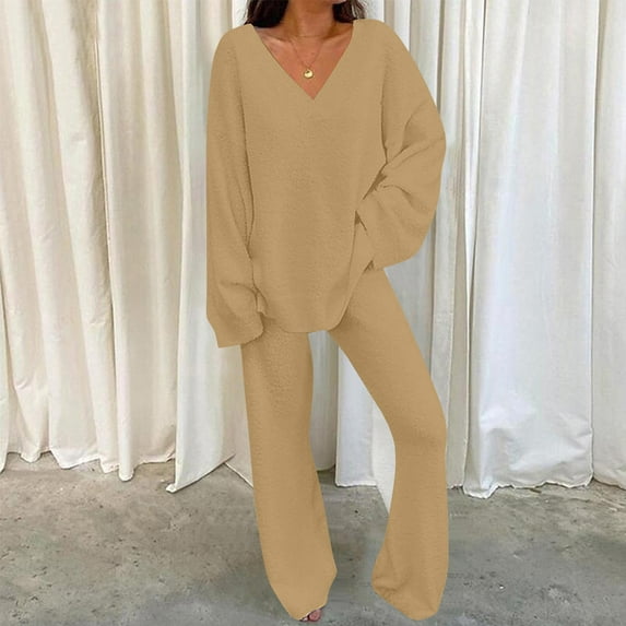Womens Pajama Sets Winter,Women Two Piece Outfits Long Sleeve Solid Color Tops with High Waist Pants Baggy Warm V Neck Pajama Set