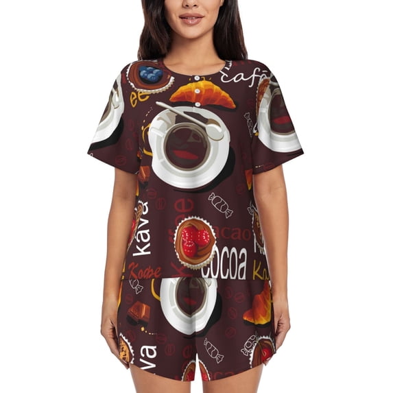 Womens Pajama Sets With Pocket, A Cup Of Black Coffee On A Saucer Lounge Sets Short Sleeve Sleepwear PJ Sets for Women