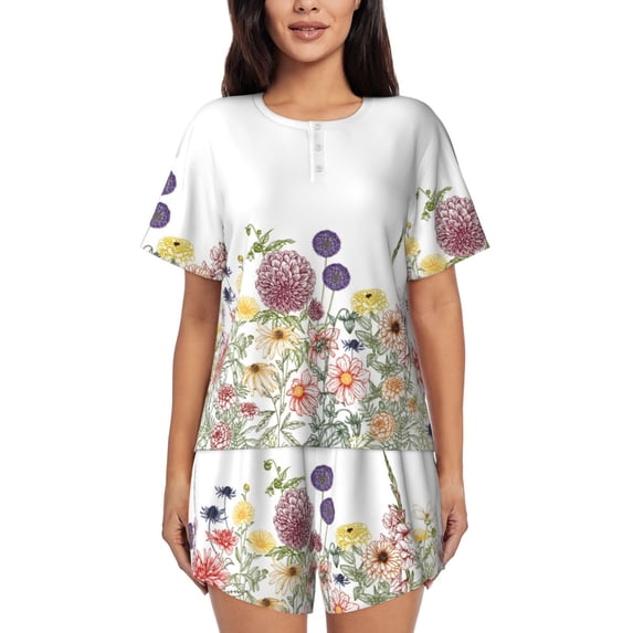 Womens Pajama Sets With Pocket, Autumn Garden Lounge Sets Short Sleeve Sleepwear PJ Sets for Women