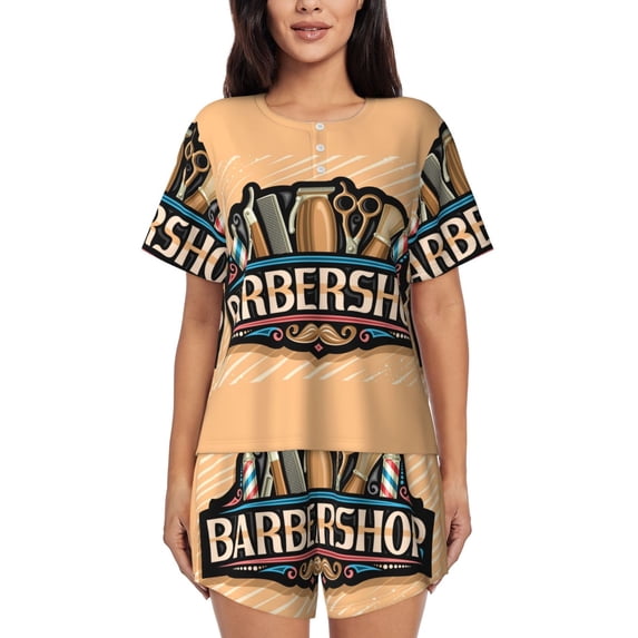 Womens Pajama Sets With Pocket, Barbershop Lounge Sets Short Sleeve Sleepwear PJ Sets for Women