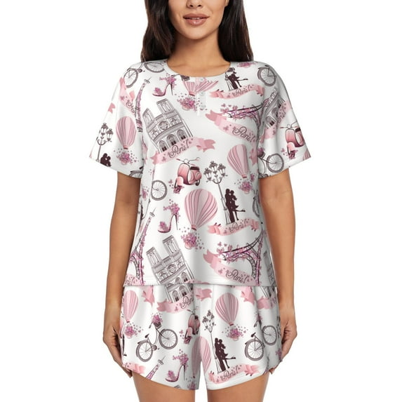 Womens Pajama Sets With Pocket, Bike Pattern Romantic Lounge Sets Short Sleeve Sleepwear PJ Sets for Women