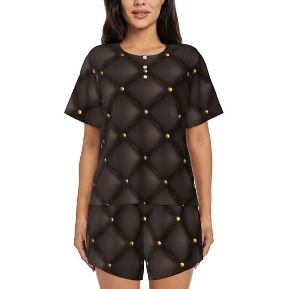 Womens Pajama Sets With Pocket, Black Quilted Texture Lounge Sets Short Sleeve Sleepwear PJ Sets for Women