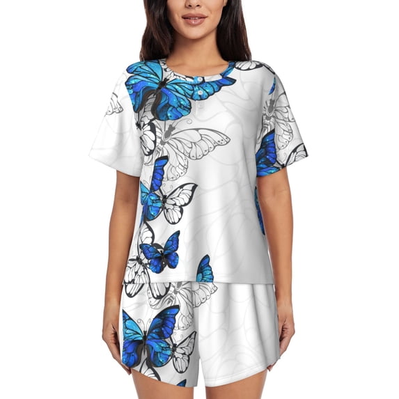 Womens Pajama Sets With Pocket, Blue Flying Butterflies Lounge Sets Short Sleeve Sleepwear PJ Sets for Women