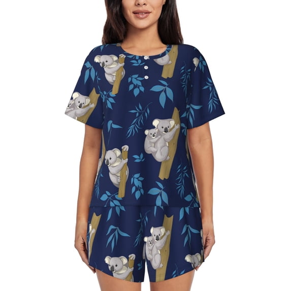 Womens Pajama Sets With Pocket, Blue Leaf Gray Koala Print Lounge Sets Short Sleeve Sleepwear PJ Sets for Women