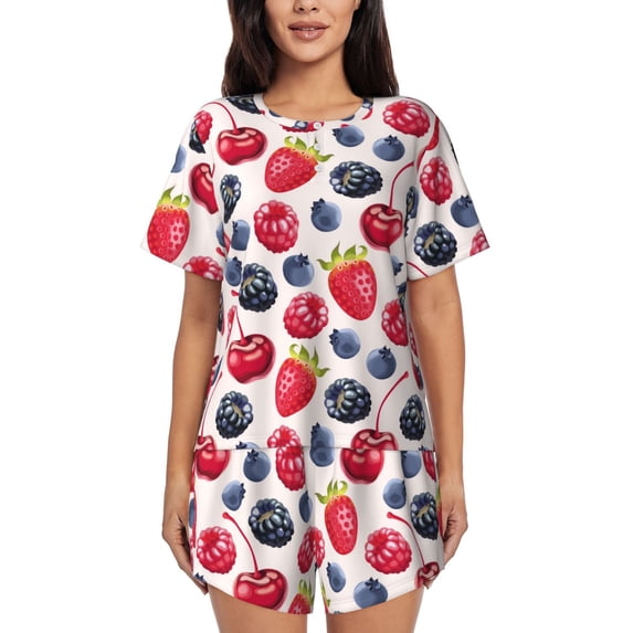 Womens Pajama Sets With Pocket, Blueberry red Print Lounge Sets Short Sleeve Sleepwear PJ Sets for Women