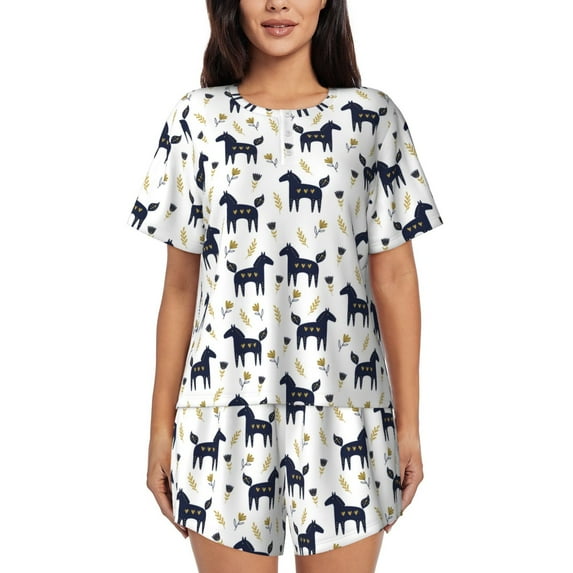 Womens Pajama Sets With Pocket, Bohemian Cute Horse Flower Lounge Sets Short Sleeve Sleepwear PJ Sets for Women
