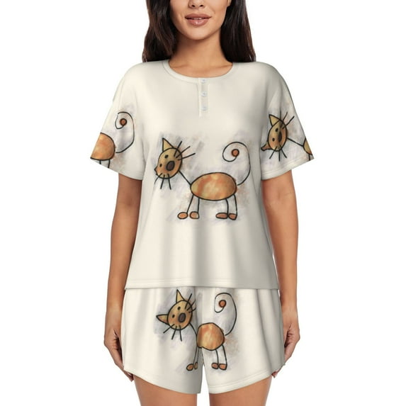 Womens Pajama Sets With Pocket, Brown Cat Cartoon Lounge Sets Short Sleeve Sleepwear PJ Sets for Women