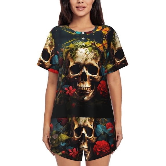 Womens Pajama Sets With Pocket, Butterfly Flower Plant Skull Lounge Sets Short Sleeve Sleepwear PJ Sets for Women