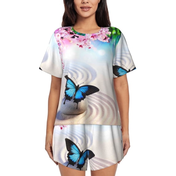 Womens Pajama Sets With Pocket, Butterfly In Blossoms Zen Lounge Sets Short Sleeve Sleepwear PJ Sets for Women