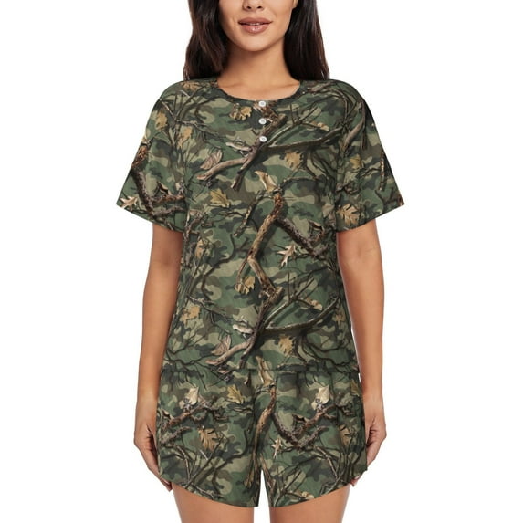 Womens Pajama Sets With Pocket, Camouflage tree branch Lounge Sets Short Sleeve Sleepwear PJ Sets for Women