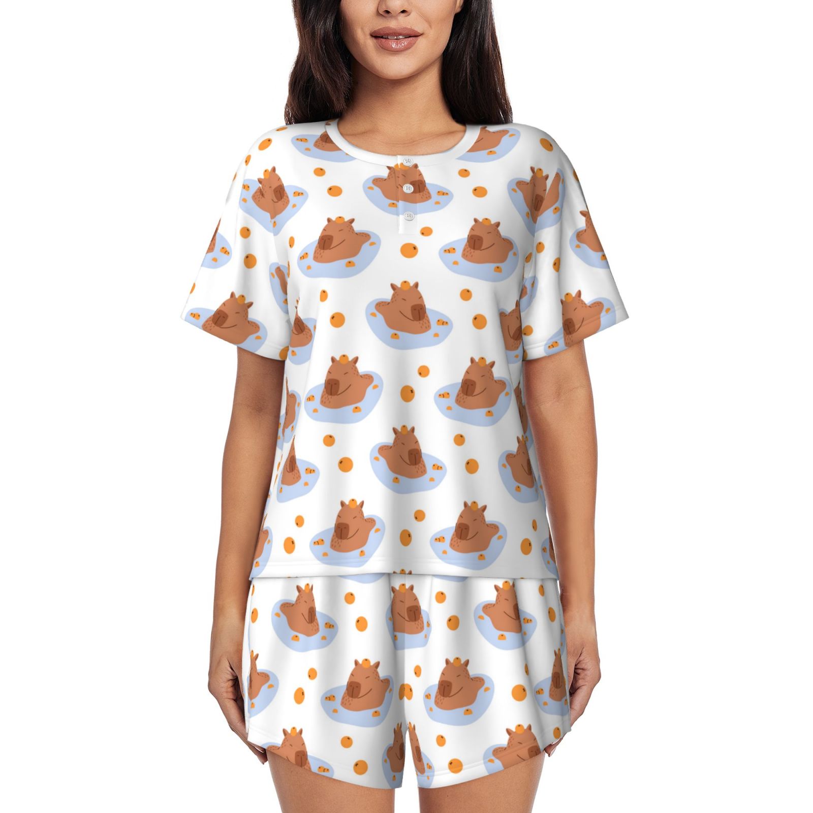 Womens Pajama Sets With Pocket, Capybaras Tangerine Lounge Sets Short Sleeve Sleepwear PJ Sets for Women