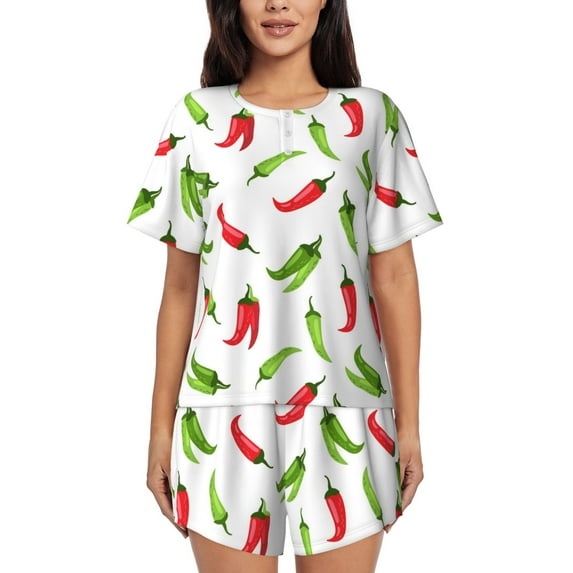 Womens Pajama Sets With Pocket, Chili Pepper green Lounge Sets Short Sleeve Sleepwear PJ Sets for Women