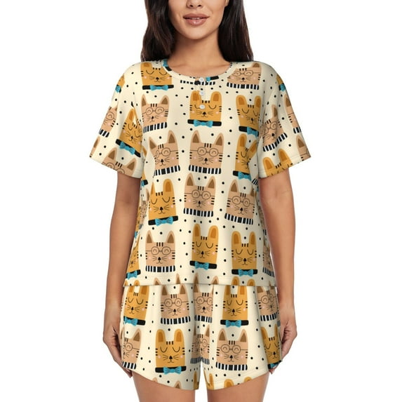 Womens Pajama Sets With Pocket, Classic Smiling Cartoon Cat Lounge Sets Short Sleeve Sleepwear PJ Sets for Women