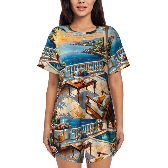 Womens Pajama Sets With Pocket, Coastal Style Garden Villa Lounge Sets Short Sleeve Sleepwear PJ Sets for Women